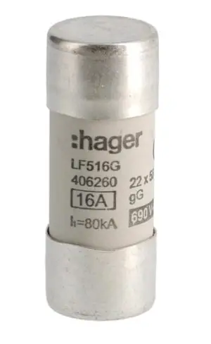 נתיכים גליליים אופיין gG הגנה לישומים כלליים ליתרת זרם וקצר, תואם לתקן IEC 60269-1/2